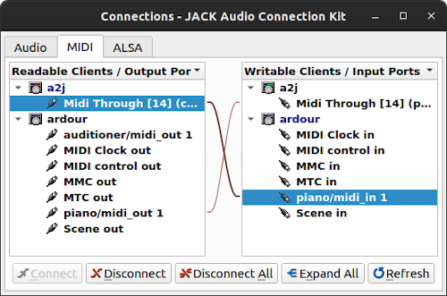 Screenshot showing ardour connecting to a2jmidid and back again